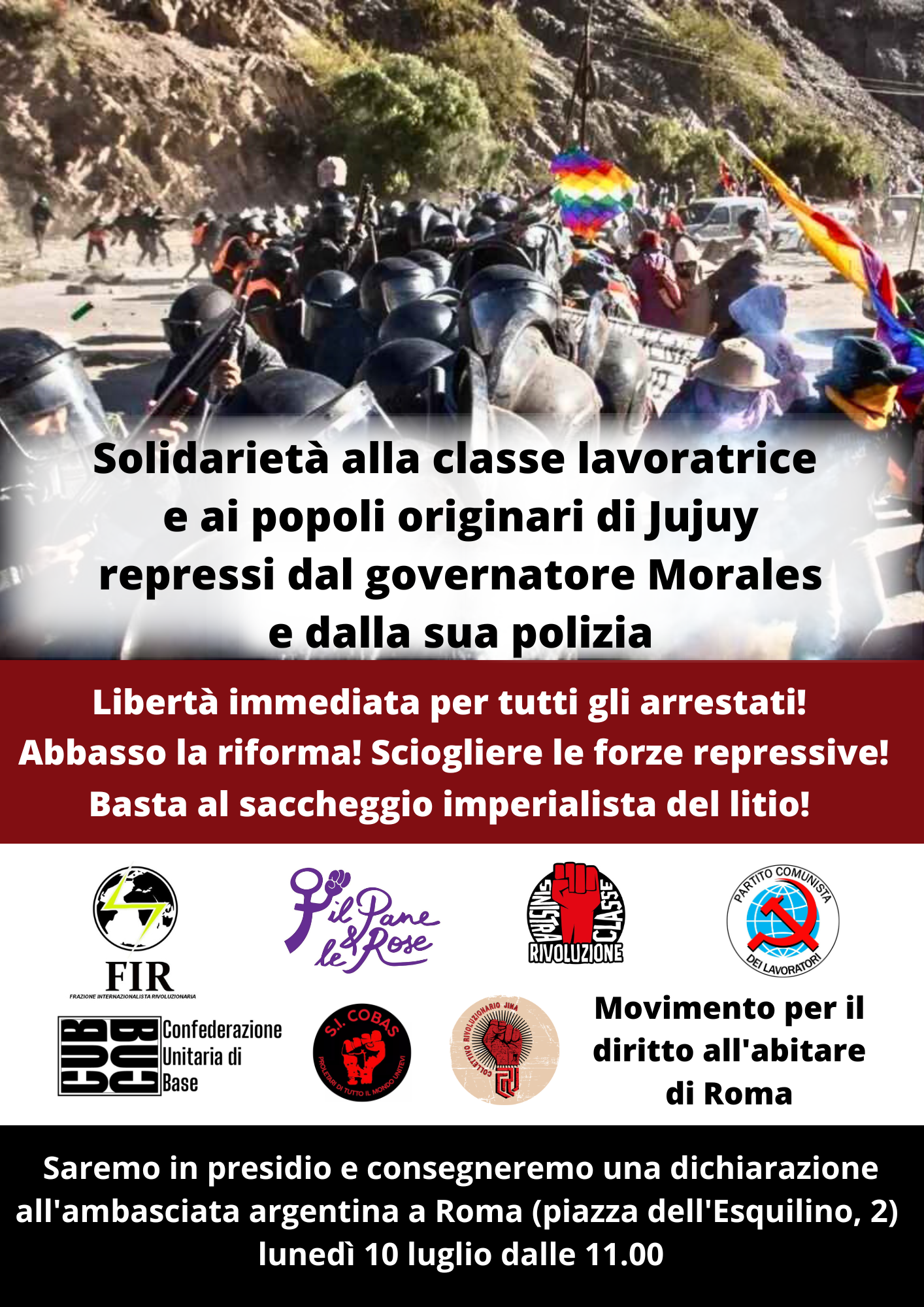 Lunedì 10 dalle 11.00 a Roma, presidio in solidarietà con la lotta popolare a Jujuy in Argentina